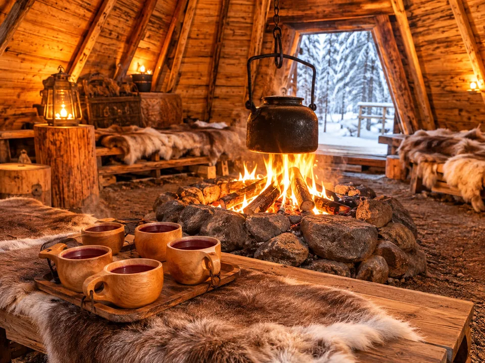 A campfire inside a wooden kota hut with a kettle and cups of hot berry juice
