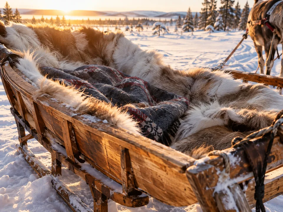 A wooden reindeer sleigh lined with reindeer hides and a wool blanket in fresh snow