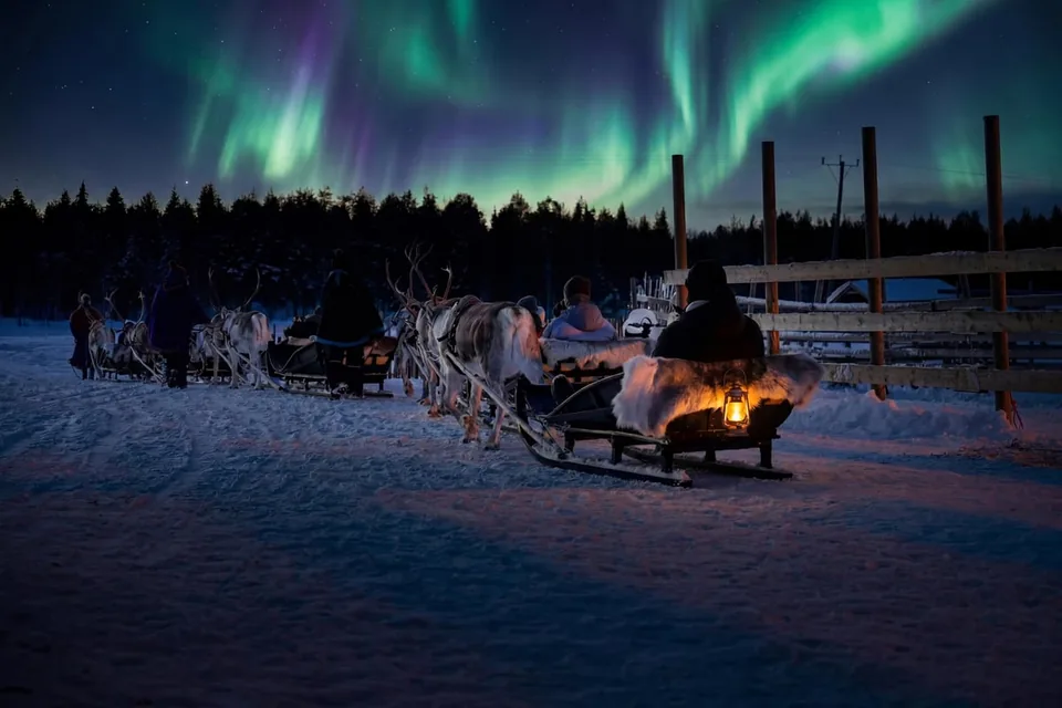 Reindeer sleighs waiting in the snow at night under a green aurora